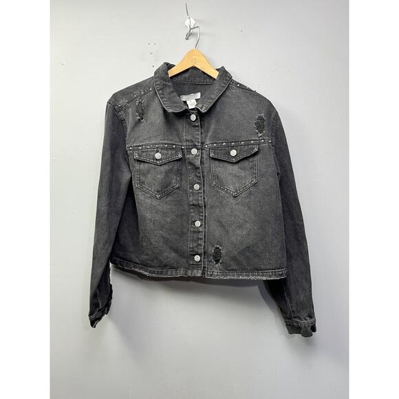 Crave Fame Almost Famous Jacket Womens Large Black Denim Studs Distressed - Picture 1 of 5